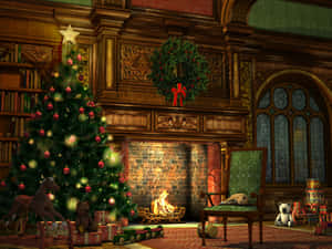 Traditional Christmas Fireplace Scene Wallpaper