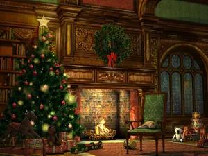 Traditional Christmas Fireplace Scene Wallpaper