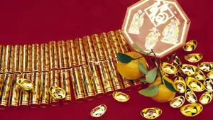 Traditional Firecrackers And Gold Ingots Wallpaper