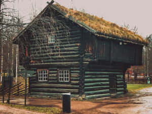 Traditional Log Cabinwith Grass Roof Wallpaper