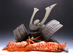 Traditional Samurai Helmeton Red Silk Wallpaper