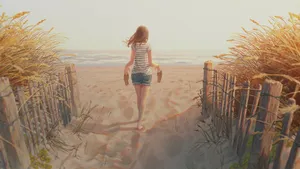 Tranquil Beach Sunset Painting Wallpaper