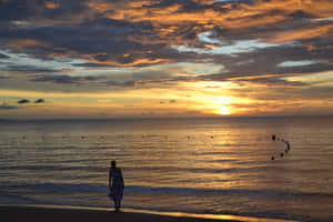 Tranquil Beach Walk At Sunset Wallpaper