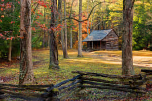 Tranquil Fall Cabin Nestled In The Woods Wallpaper