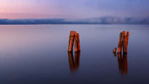 Tranquil Lake Dusk Wooden Pilings Wallpaper