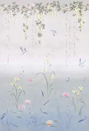 Tranquil Lakeand Floral Canopy Wallpaper