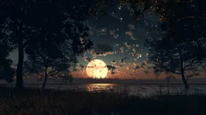 Tranquil_ Moonset_by_ Lake Wallpaper