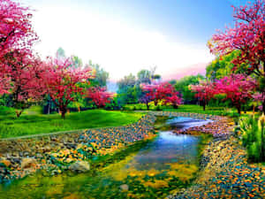 Tranquil Spring River In Lush Green Forest Wallpaper