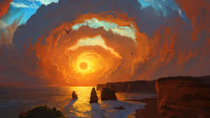 Tranquil Sunset Oil Painting On Canvas Wallpaper