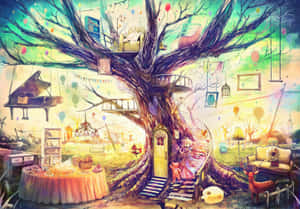 Treehouse As Subject For Painting Wallpaper