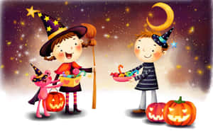 Trick-or-treaters In Spooky Costumes Outside Wallpaper