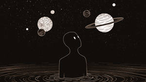 Trippy Dark Man In Pool Under Planets Wallpaper