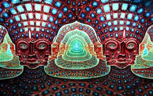 Trippy Red Faced Statue Psychedelic Art Wallpaper