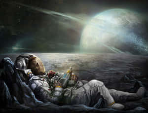 Trippy Skull Astronaut In Space Chilling Wallpaper