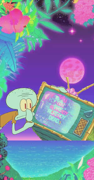 Trippy Squidward T V Aesthetic Purple Moon Wallpaper