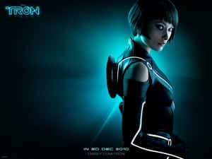 Tron Movie Poster With A Woman In A Neon Costume Wallpaper