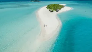 Tropical Island Sandbar Couple Walking Wallpaper
