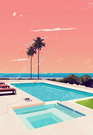 Tropical Poolside Sunset Illustration Wallpaper