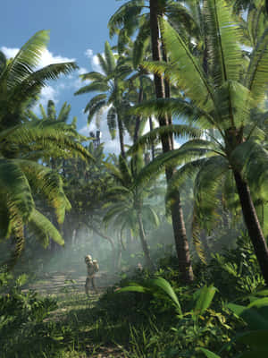 Tropical Scarif Beach With Imperial Facility In The Distance Wallpaper