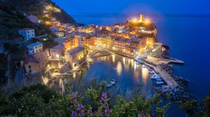 Twilight Coastal Village Harbor Wallpaper