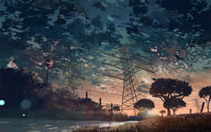 Twilight Industrial Ghibli Landscape Wallpaper