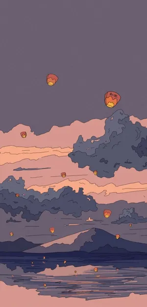 Twilight Lanterns Sky Sea Wallpaper