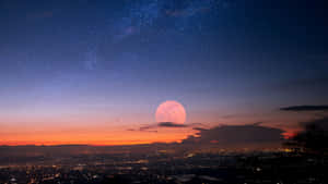 Twilight_ Moonrise_and_ Stars_ Over_ Cityscape Wallpaper