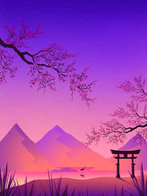 Twilight Sakura Mountain View Wallpaper