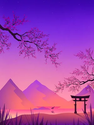 Twilight Sakura Mountain View Wallpaper