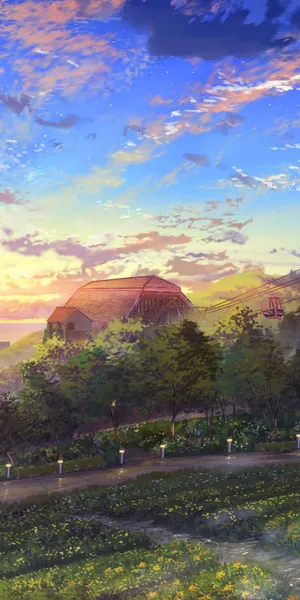 Twilight Sky Over Idyllic Anime Garden Wallpaper
