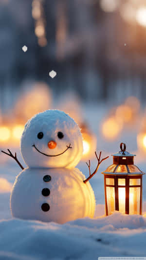 Twilight Snowmanwith Lantern Wallpaper