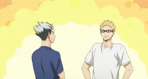 Two Anime Characters Talking In Front Of A Yellow Background Wallpaper