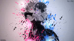 Two Anime Girls Hugging With Paint Splatters Wallpaper