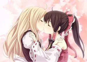 Two Anime Girls Kissing In Front Of Pink Background Wallpaper