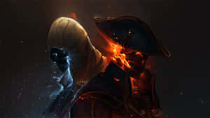 Two Characters In A Dark Background With Fire Wallpaper