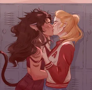 Two Girls Kissing In Front Of Lockers Wallpaper