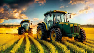 Two Green Tractors Driving In A Field Wallpaper