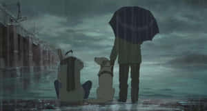 Two People Standing In The Rain With An Umbrella Wallpaper