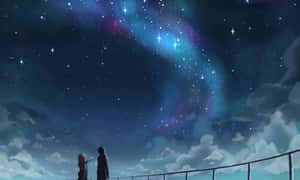 Two People Standing On A Bridge Looking At The Stars Wallpaper