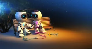 Two Robots Sitting On A Bench With A Light Behind Them Wallpaper