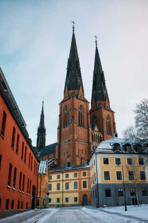 Uppsala Cathedral Winter Street View Wallpaper