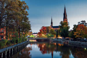 Uppsala Riverfront Autumn Twilight Wallpaper