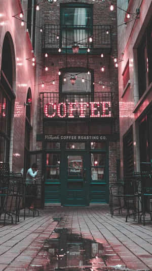 Urban Coffee Shop Facade Night Lights Wallpaper