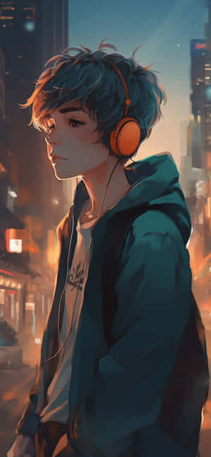 Urban Dusk Anime Boy Headphones Wallpaper