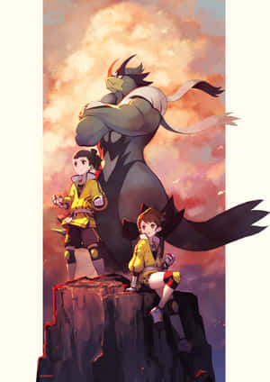 Urshifu With Two Anime Characters Wallpaper