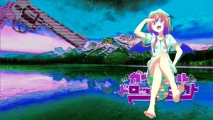 Vaporwave Anime Character Wielding A Purple Gun In A Surreal World Wallpaper