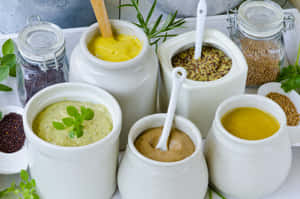 Varietyof Mustard Saucesand Seeds.jpg Wallpaper