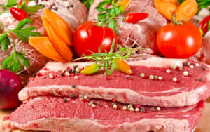 Various Cuts Of Fresh Red Meat Displayed On A Market Counter. Wallpaper