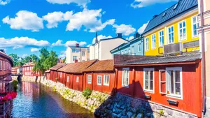 Vasteras Sweden Colorful Waterfront Houses Wallpaper