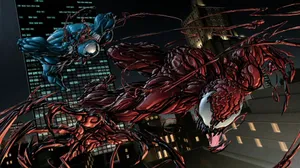 Venom Carnage Fighting In City Wallpaper